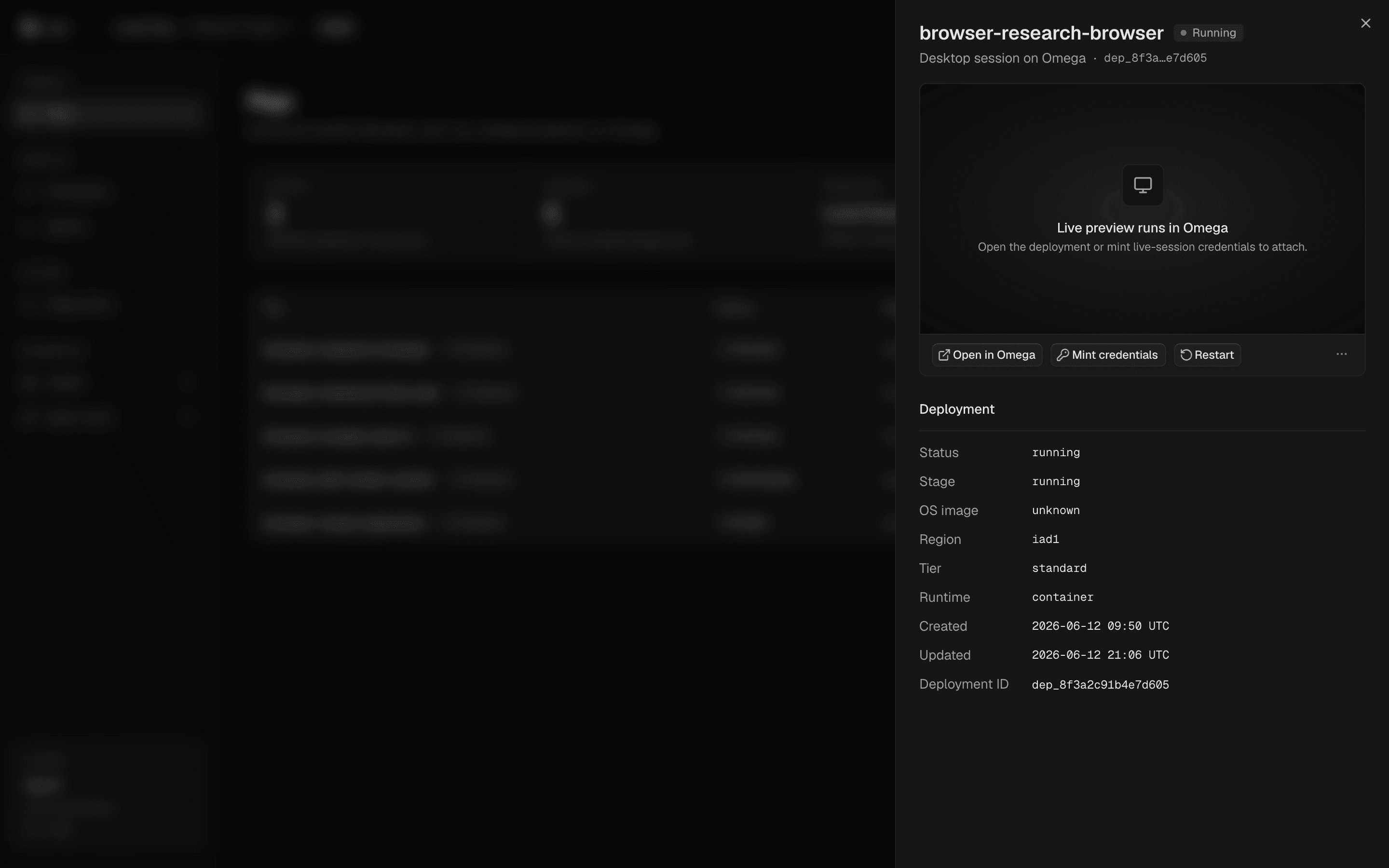 Rig details sheet with deployment metadata and lifecycle actions