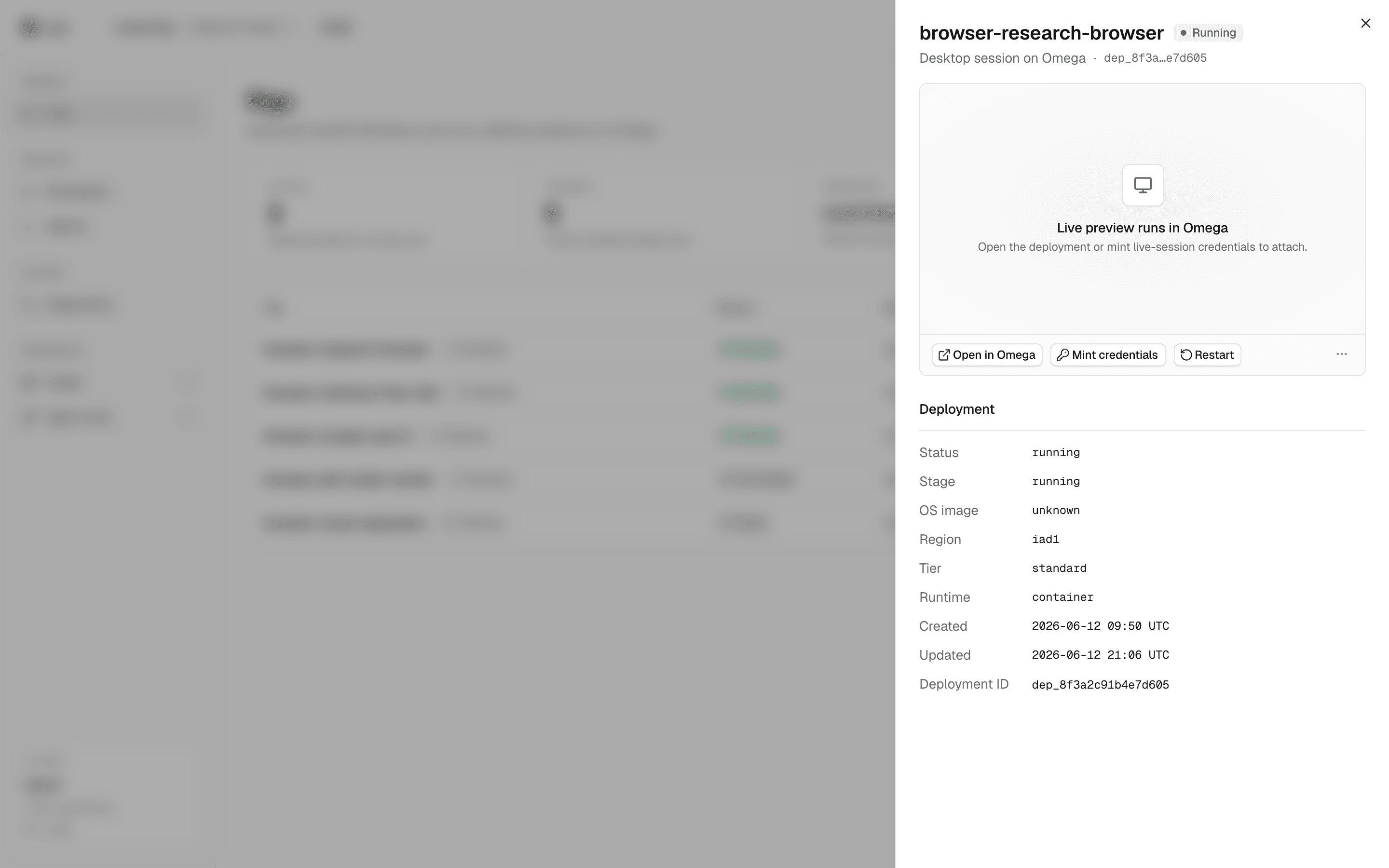 Rig details sheet with live preview, lifecycle actions, and deployment metadata