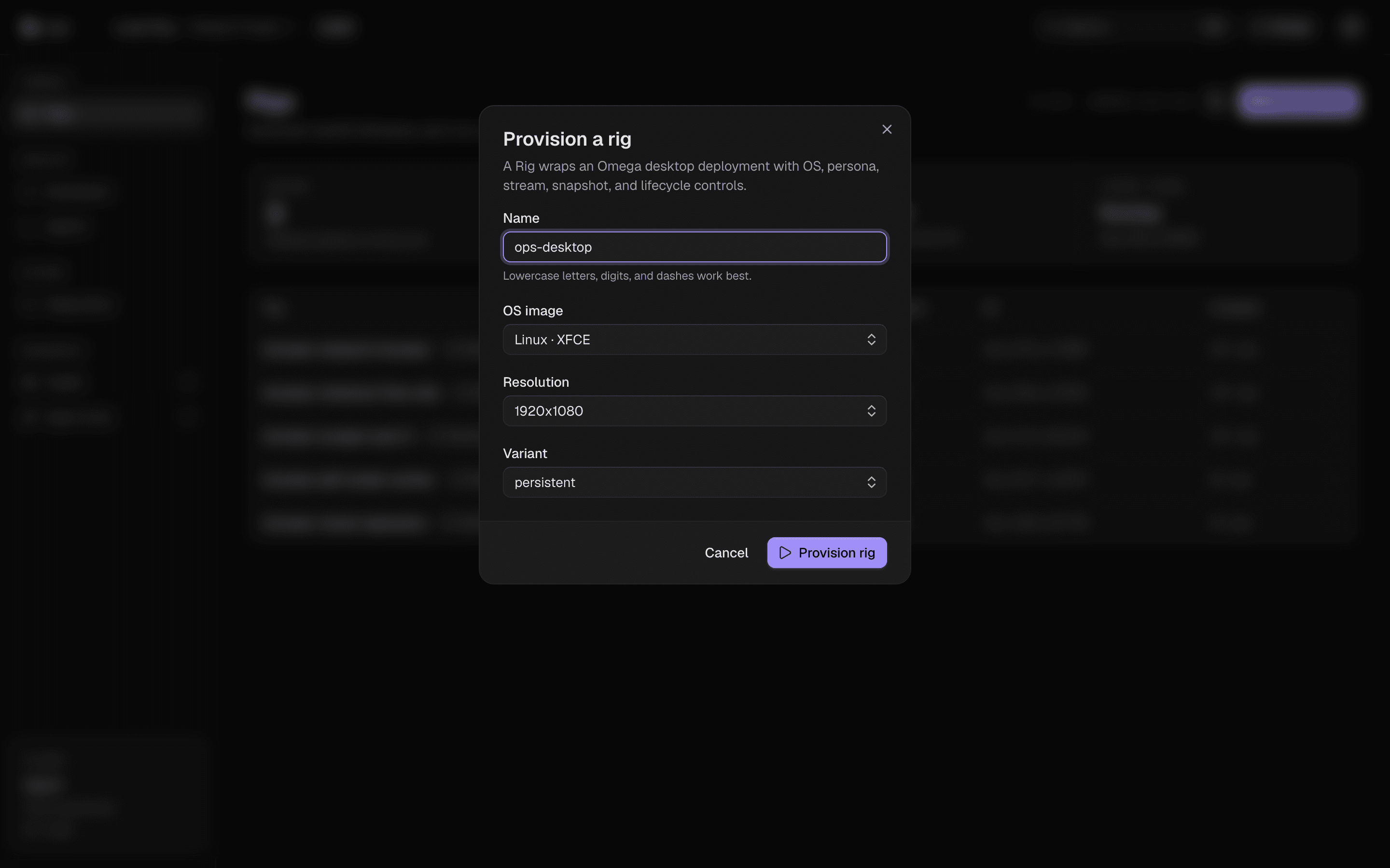 Provision dialog with OS image, resolution, and variant fields