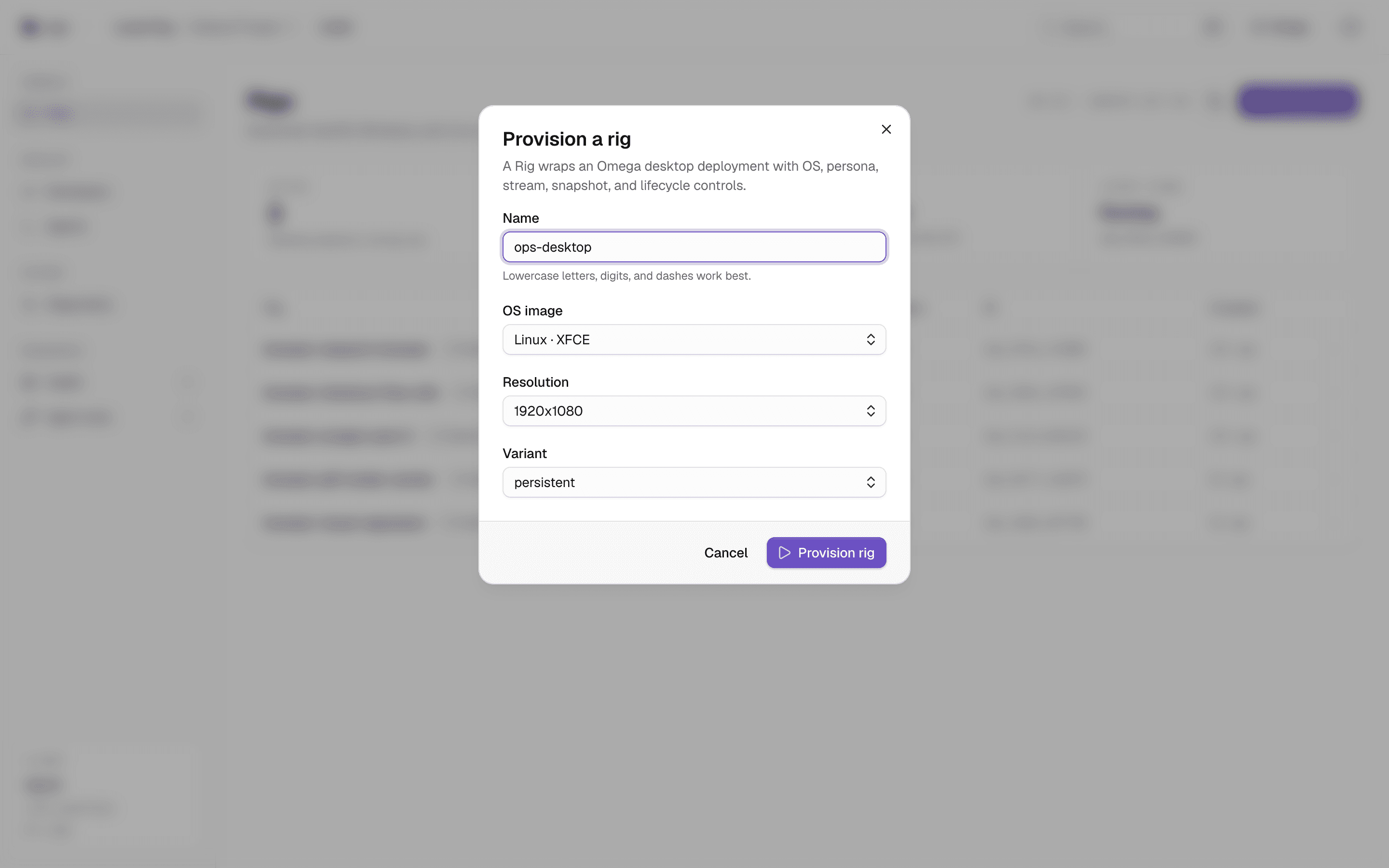 Provision dialog with OS image, resolution, and variant selectors