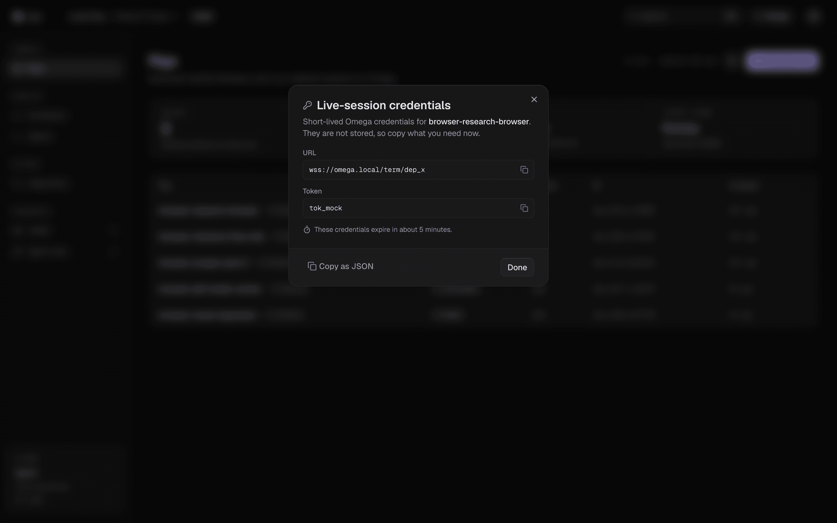 Live-session credentials dialog with short-lived URL and token