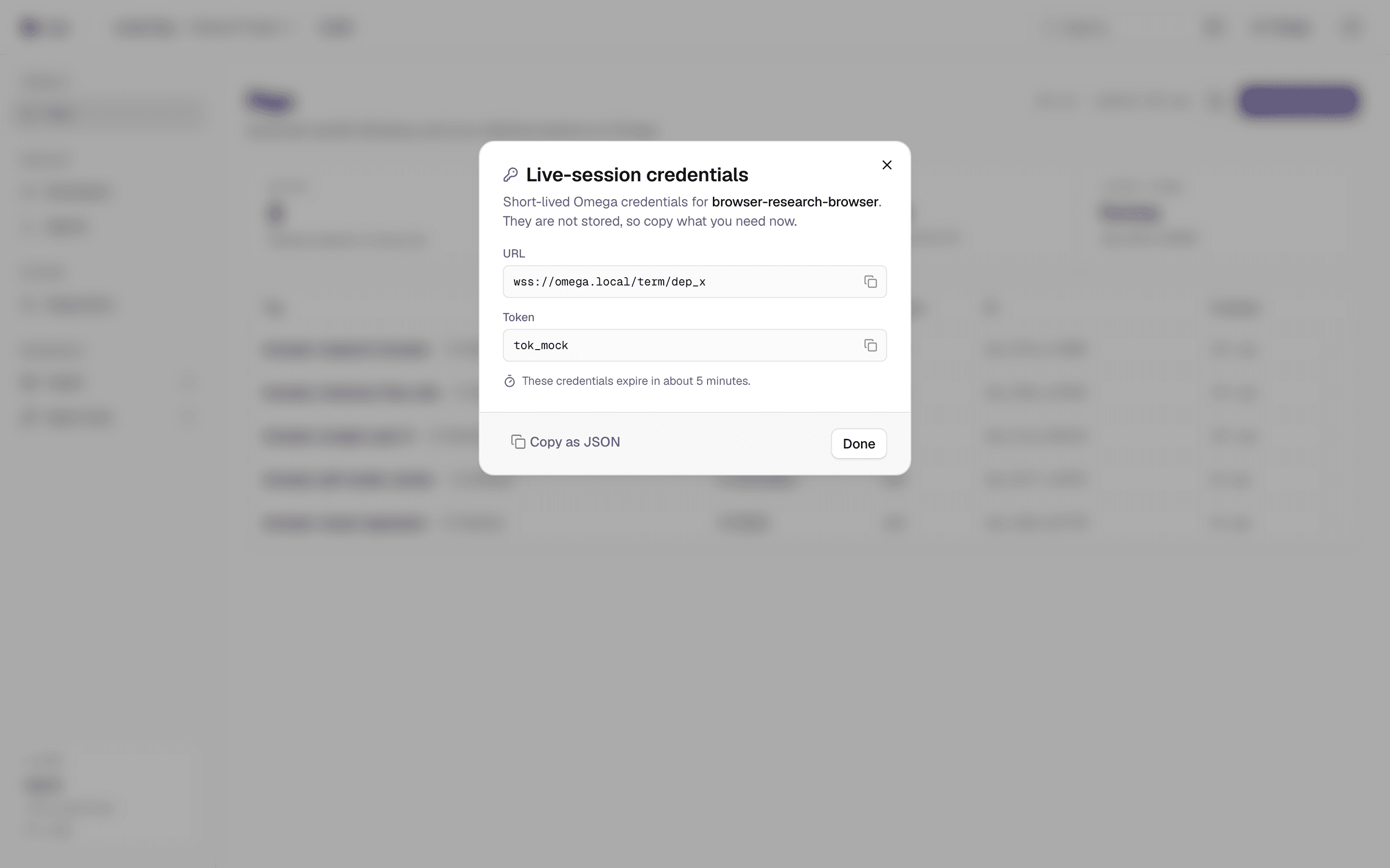 Live-session credentials dialog with short-lived URL and token